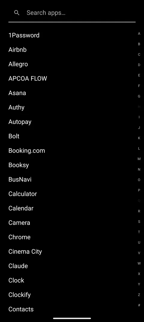 App drawer: alphabetical list with search and an A–Z rail