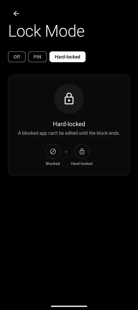 Lock mode settings: Off, PIN, Hard-locked