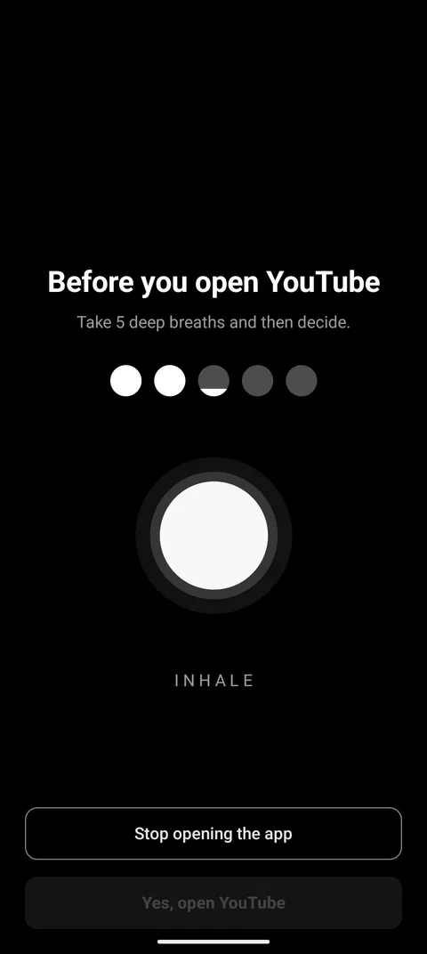 Mindful pause: 'Before you open YouTube', a breathing circle and five breath dots